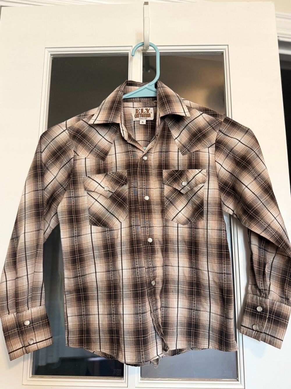 ELY Cattleman Kids Western Pearl Snap Plaid Shirt Brown Long Sleeve Small
